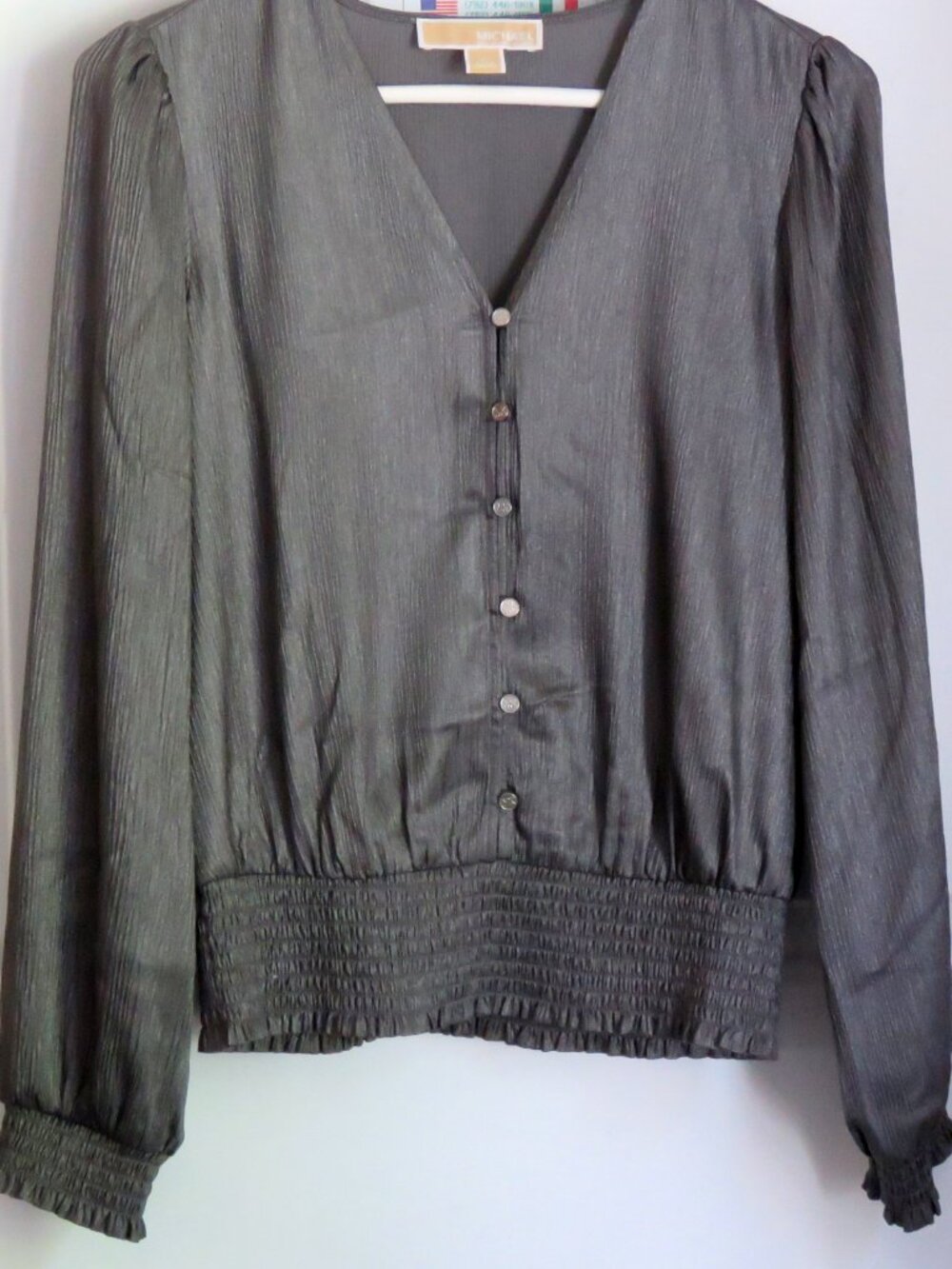 MICHAEL Michael Kors Grey Taupe Metallic Smocked V-Neck Blouse Top XS